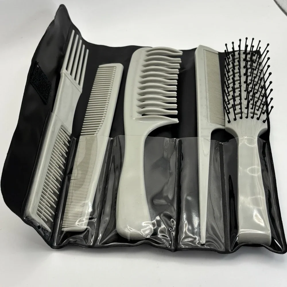 Vtg Burmax 6 pack‎ Wide Tooth Combs Pick Large Hair Brush With Case